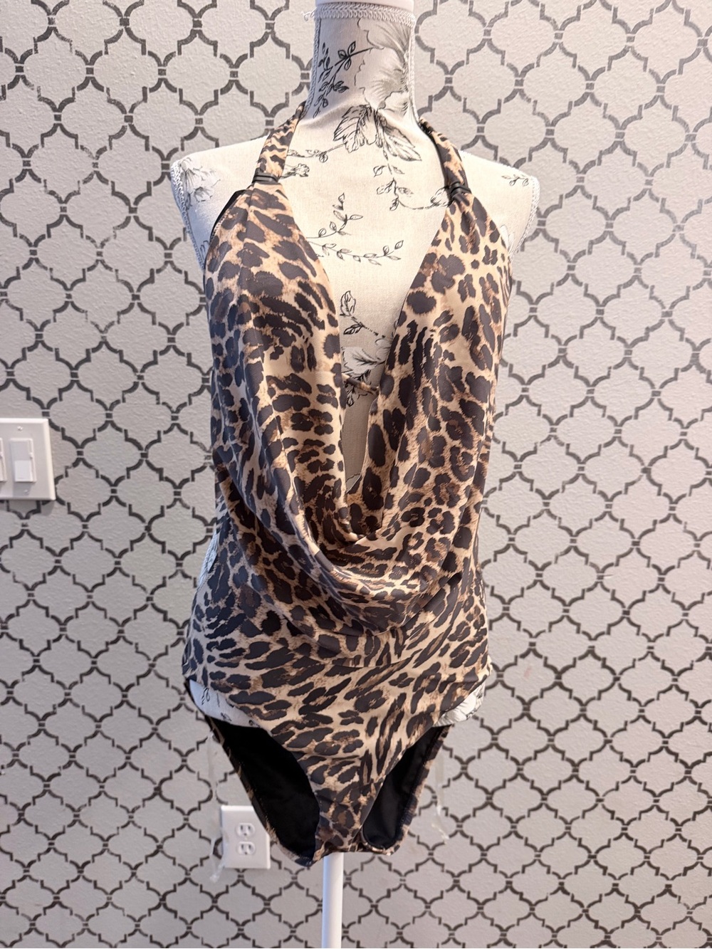 NWT Bar III Leopard Print Halter One-Piece Swimsuit in Brown and Black